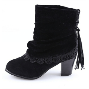 Vintage Lace Flanging Casual Fringed Short Ankle Boots, Boots, color:Black|size:43, Noracora