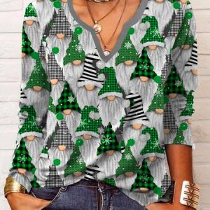 Jersey Casual Christmas Long sleeve Santa Claus T-Shirt, T-shirts, color:Green|size:XXL, Noracora