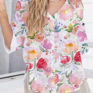 Casual Loose Shirt Collar Floral Blouse, Shirts, color:White|size:3XL, Noracora