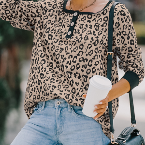 Crew Neck Jersey Casual Loose Shirt, Blouses, color:Leopard|size:XL, Noracora