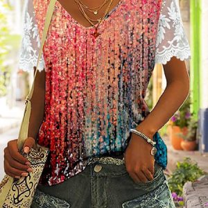 Abstract Printed Patchwork lace Casual Jersey Blouses, Blouses, color:Multicolor|size:XXL, Noracora