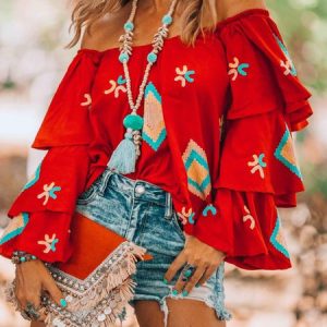 Red Floral-Print Off Shoulder Cold Shoulder Long Sleeve T-shirt, T-shirts, color:Red|size:3XL, Noracora