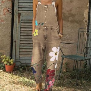 Sleeveless Denim Floral Floral-Print One-Pieces, Denim&Jeans, color:Khaki|size:3XL, Noracora