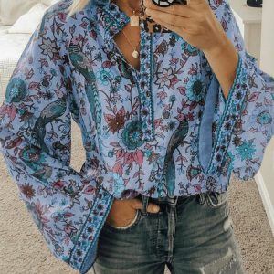 Cotton-Blend Floral-Print V Neck Sweet Shirts, Blouses, color:Blue|size:XXL, Noracora