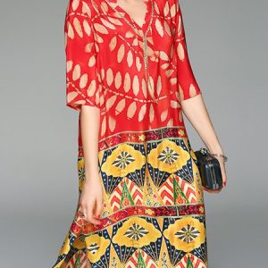 Plus Size Bohemian V-Neck Half Sleeve Women Shift Dress, Midi, color:Multicolor|size:5XL, Noracora