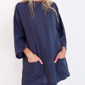 Long Sleeve Pockets Casual Tunic Top, Tops, color:Dark Blue|size:3XL, Noracora