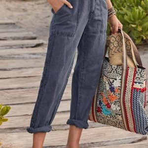Casual Pockets Solid Lace Pants, Pants, color:Deep Blue|size:3XL, Noracora