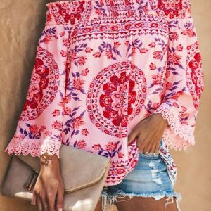 Printed Casual Off Shoulder Cold Shoulder Top, Blouses, color:Pink|size:3XL, Noracora