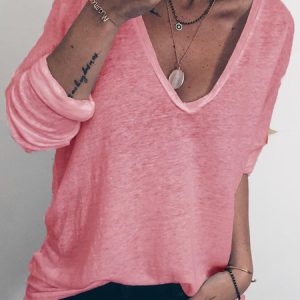 V Neck Cotton-Blend Solid Casual Tunic Blouse, Blouses, color:Pink|size:XXL, Noracora