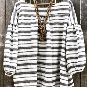 Crew Neck Loose Striped Cotton-Blend Blouses, Blouses, color:Black|size:3XL, Noracora