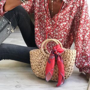 Boho Floral-Print V Neck Floral Shirts & Tops, Blouses, color:Red|size:XXL, Noracora