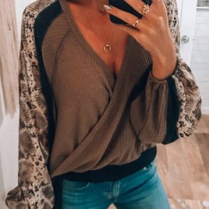 V Neck Long Sleeve Cotton-Blend Tops, Blouses, color:Khaki|size:XL, Noracora