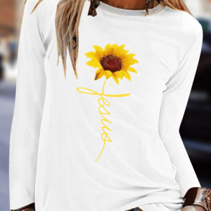 Long Sleeve Floral-Print Casual T-shirt, T-shirts, color:White|size:3XL, Noracora