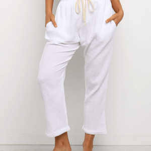 Pockets Solid Casual Cotton-Blend Pants, Pants, color:White|size:3XL, Noracora