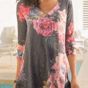 Cotton-Blend Casual V Neck Floral-Print Tunic T-Shirt, T-shirts, color:Deep Gray|size:3XL, Noracora