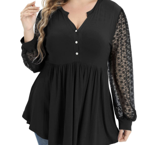 Casual Notched Plain Shirt, TOPS, color:Black|size:4X, Noracora