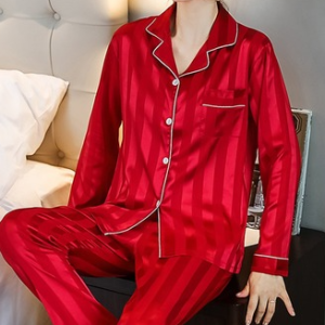 Striped Casual Lapel Collar Top With Pants Lounge Set, Pajamas, color:Wine Red|size:4XL, Noracora