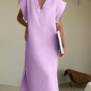 Cotton Casual Plain V Neck Nightdress, Pajamas, color:Light Purple|size:L, Noracora