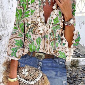 Printed Floral Boho T-shirt, T-shirts, color:Green|size:XL, Noracora