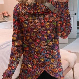 Printed Geometric Long Sleeve Cowl Neck Tunic Top, Tops, color:Red|size:3XL, Noracora