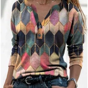 Casual Crew Neck Geometric Long Sleeve Sweatshirt, T-shirts, color:Orange|size:3XL, catalog Noracora shop