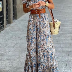 Boho Boat Neck Cashew Flowers Dress, Maxi, color:Blue|size:XL, Noracora
