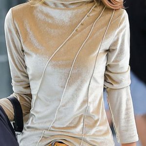 Casual Plain Velvet Turtleneck Top, Blouses, color:Apricot|size:XXL, Noracora