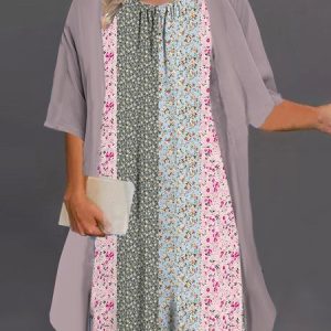 Casual Loose Crew Neck Floral Two-Piece Set, SET, color:lavender|size:4X, Noracora