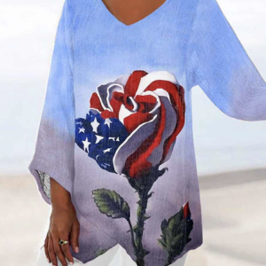 Casual V Neck Butterfly Shirt, Blouses, color:Blue|size:4XL, Noracora