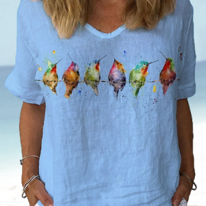 Women's Watercolor Hummingbirds Print Lounge Top, Blouses, color:Blue|size:XXL, Noracora