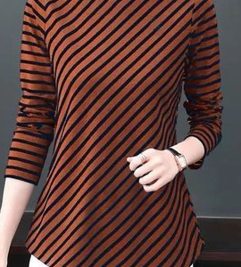 Striped Long Sleeve Crew Neck Casual Tunic Shirt, Blouses, color:Brown|size:5XL, Noracora