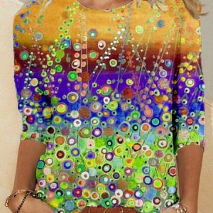 Casual 3/4 Sleeve Art Printed T-shirt, T-shirts, color:Yellow|size:5XL, Noracora