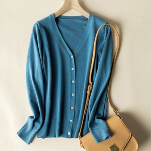 V Neck Buckle Long Sleeve Casual Plain Cardigan, Cardigans, color:Blue|size:3XL, Noracora