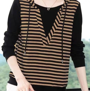 Striped Hoodie Long Sleeve Mock Two-Piece Casual Shirt, Blouses, color:Camel|size:5XL, Noracora