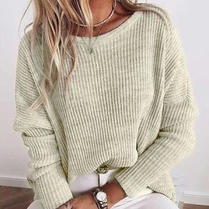 Daily Casual Round Neck Long Sleeve Solid Acrylic Sweater, Sweaters, color:Apricot|size:XXL, Noracora