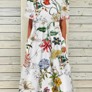 Loose Casual Midi Floral Short Sleeve Dress, Midi, color:White|size:XXL, Noracora