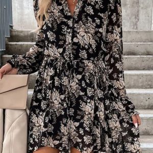 Floral Stand Collar Casual Dress, Short, color:Black|size:XXL, Noracora
