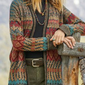 Women Vintage Ethnic Autumn Knitted Micro-Elasticity Daily Loose Best Sell Regular Sweater coat, Cardigans, color:Multicolor|size:XXL, Noracora