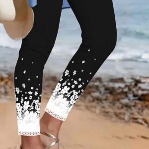 Casual Floral Print Cropped Legging, Leggings, color:Black|size:XXL, Noracora