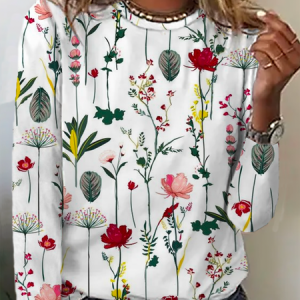 Floral Casual Long Sleeve T-Shirt, T-shirts, color:White|size:3XL, Noracora