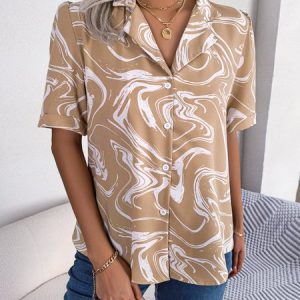Casual Loose Abstract Shirt Collar Blouse, Shirts, color:Khaki|size:XL, Noracora