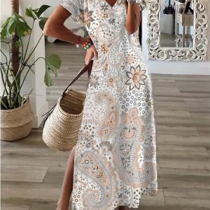 Printing Casual Loose Regular Sleeve Dress, Maxi, color:White-Pink|size:XXL, Noracora