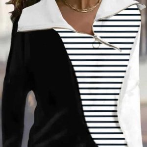 Casual Striped Loose Long Sleeve Sweatshirt, Hoodies & Sweatshirts, color:Black-white|size:XXL, Noracora