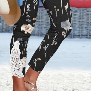Flower Print Lace Mesh Side Legging, Leggings, color:Black|size:XXL, Noracora