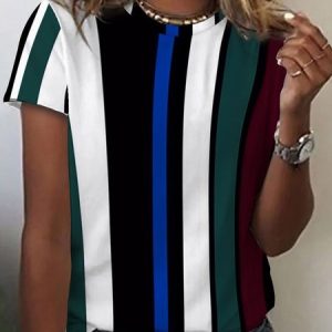 Crew Neck Casual Color Block T-Shirt, T-shirts, color:Black|size:3XL, Noracora