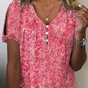 V Neck Floral Buttoned Elegant T-Shirt, T-shirts, color:Deep Pink|size:XXL, Noracora