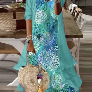 Floral V Neck Vacation Two-Piece Set, Sets, color:Aqua|size:3XL, Noracora