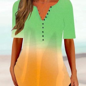 Ombre Printed Buttoned Casual Shirt, Blouses, color:Green|size:XXL, Noracora