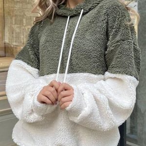 Casual Fluff/Granular Fleece Fabric Color Block Sweatshirt, Hoodies & Sweatshirts, color:White-green|size:XXL, Noracora