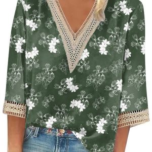 Casual Loose V Neck Shirt, Blouses, color:Green|size:3XL, Noracora